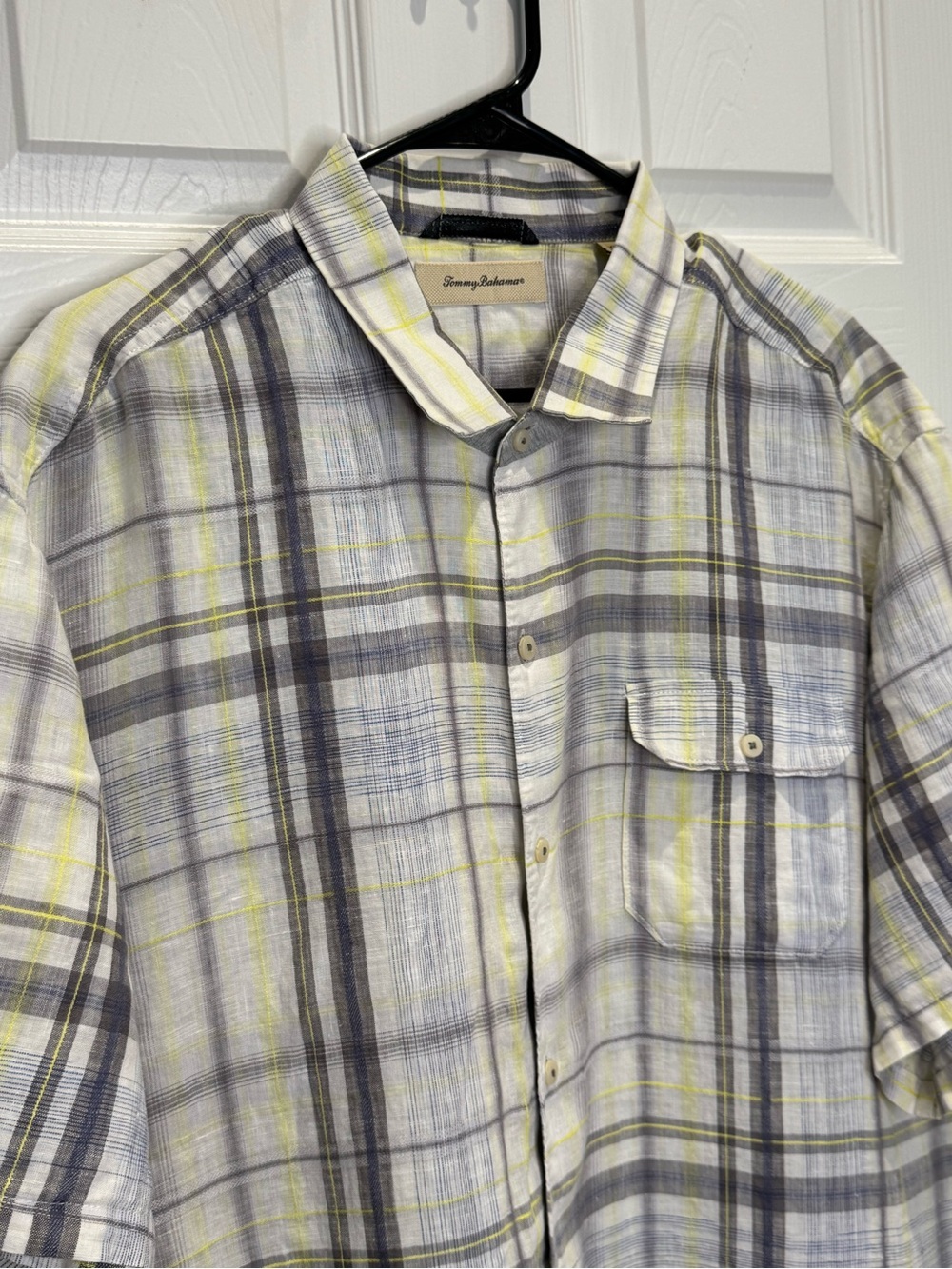 Tommy Bahama Men's XLX 100% Linen Grey Yellow Plaid Short Sleeve Button Down - Picture 4 of 6